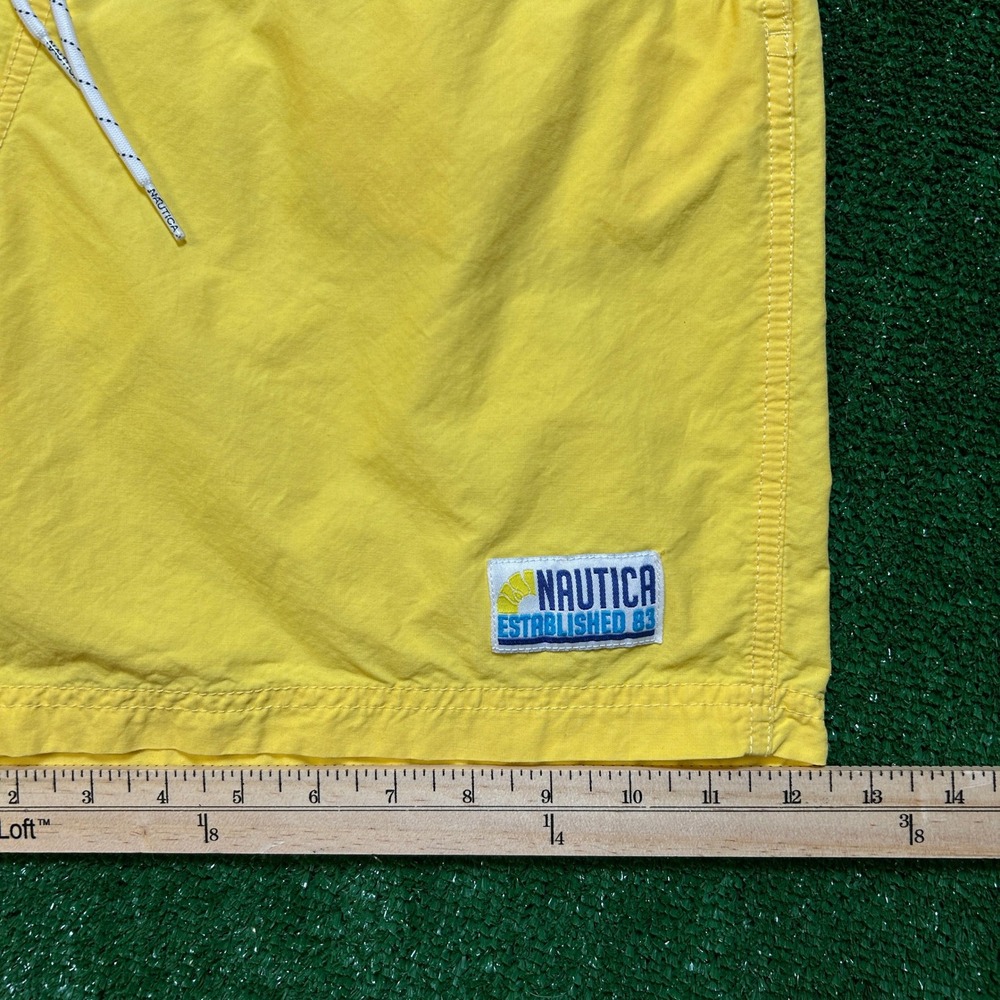 Vintage 90s Nautica Swim Trunks Men Med Yellow Navy Colorblock Cargo Mesh Lined - Picture 9 of 10